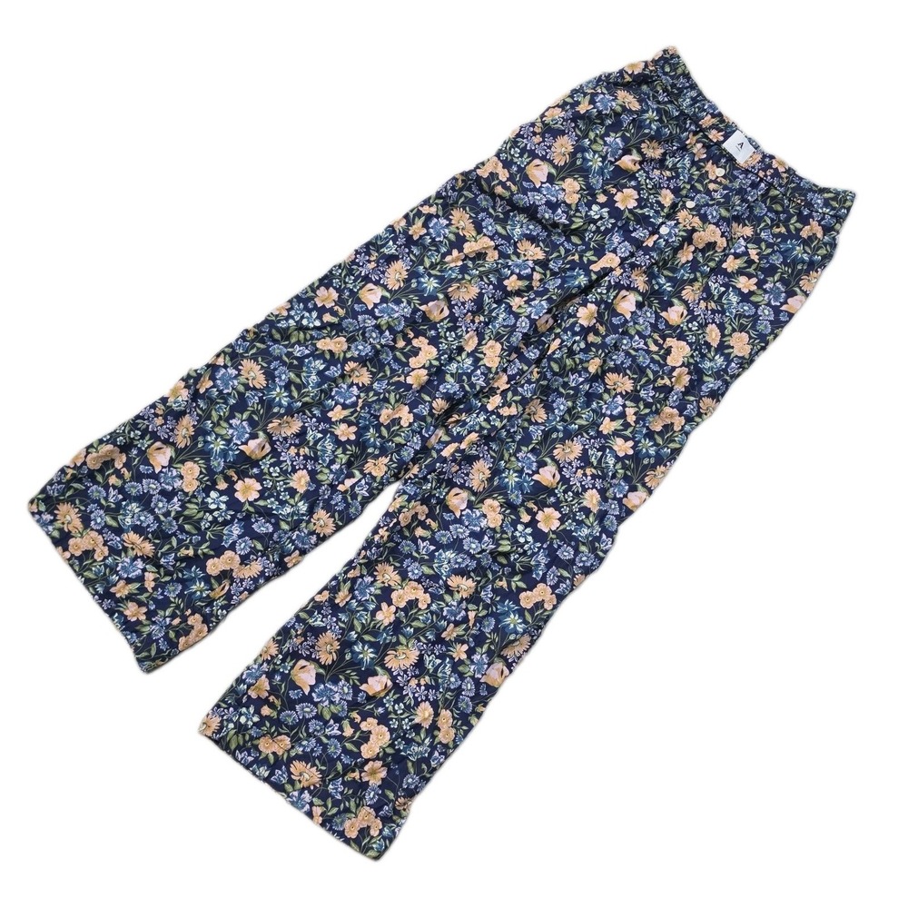 Anthropologie Floral Wide Leg Pajama Pants Navy Blue Lounge Sleepwear Women Size
